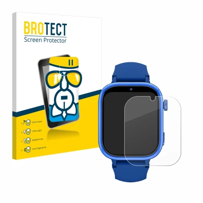 Face avant d’un emballage produit avec le logo de la marque BROTECT. À côté, l’appareil Banlvs 4G Kids Smartwatch 1.83" est re