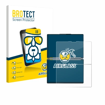 Face avant d’un emballage produit avec le logo de la marque BROTECT. À côté, l’appareil Lenovo Yoga Book 9i Gen 10 est représe