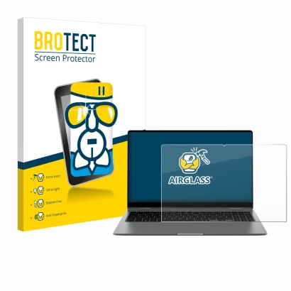 Face avant d’un emballage produit avec le logo de la marque BROTECT. À côté, l’appareil Samsung Galaxy Book5 360 15.6" est rep