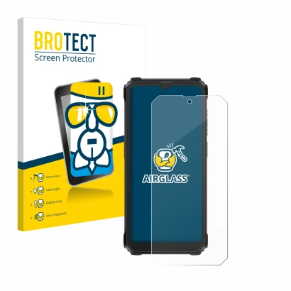 Face avant d’un emballage produit avec le logo de la marque BROTECT. À côté, l’appareil Blackview BV6200 Plus est représenté a