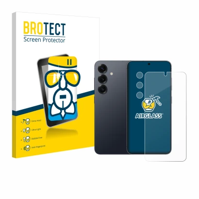 Face avant d’un emballage produit avec le logo de la marque BROTECT. À côté, l’appareil Samsung Galaxy S25 (Avant+Caméra) est 