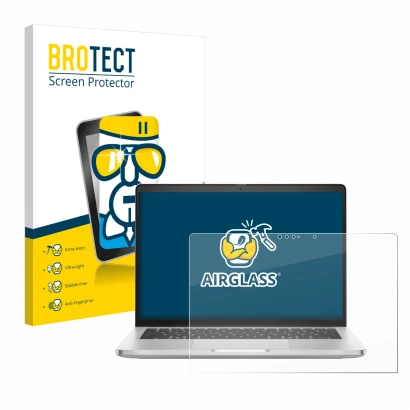 Face avant d’un emballage produit avec le logo de la marque BROTECT. À côté, l’appareil Dell Pro 14 Plus 2-in-1 PB14250 est re