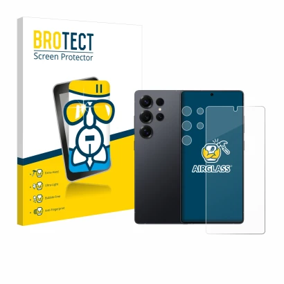 Face avant d’un emballage produit avec le logo de la marque BROTECT. À côté, l’appareil Samsung Galaxy S25 Ultra (Avant+Caméra