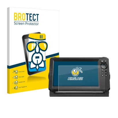 Face avant d’un emballage produit avec le logo de la marque BROTECT. À côté, l’appareil Lowrance Eagle 9 est représenté avec l