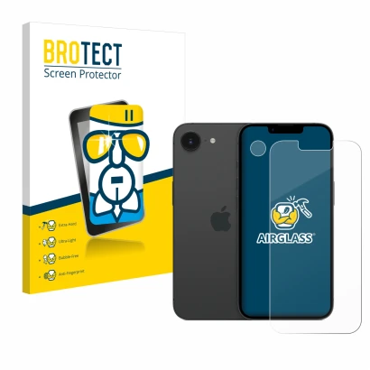 Face avant d’un emballage produit avec le logo de la marque BROTECT. À côté, l’appareil Apple iPhone 16e (Avant+Caméra) est re