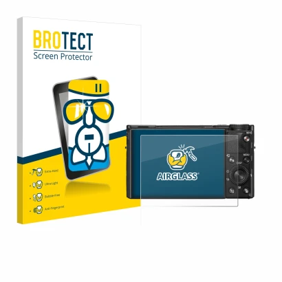 Face avant d’un emballage produit avec le logo de la marque BROTECT. À côté, l’appareil Sony Cyber-Shot DSC-RX100 VIIA est rep