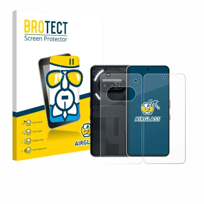 Face avant d’un emballage produit avec le logo de la marque BROTECT. À côté, l’appareil Nothing Phone (3a) (Avant+Arrière) est