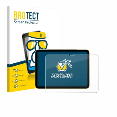 Face avant d’un emballage produit avec le logo de la marque BROTECT. À côté, l’appareil Apple iPad Air 11" M3 WiFi 2025 est re