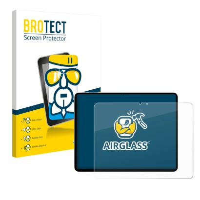 Face avant d’un emballage produit avec le logo de la marque BROTECT. À côté, l’appareil Apple iPad Air 13" M3 WiFi 2025 est re