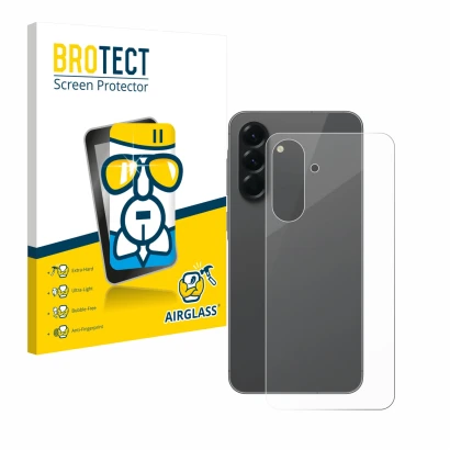 Face avant d’un emballage produit avec le logo de la marque BROTECT. À côté, l’appareil Samsung Galaxy A56 5G (Arrière) est re