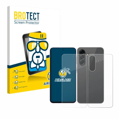 Face avant d’un emballage produit avec le logo de la marque BROTECT. À côté, l’appareil Samsung Galaxy A56 5G (Avant+Arrière) 