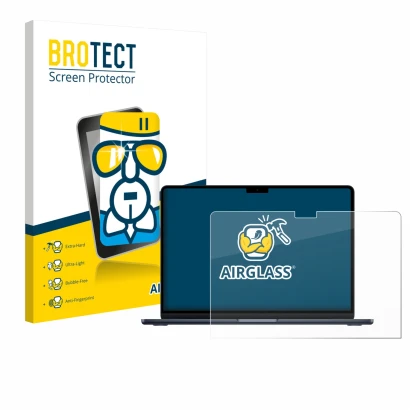 Face avant d’un emballage produit avec le logo de la marque BROTECT. À côté, l’appareil Apple MacBook Air 13" M4 2025 est repr