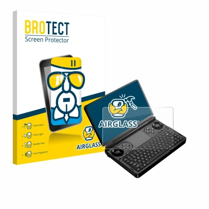 Face avant d’un emballage produit avec le logo de la marque BROTECT. À côté, l’appareil GPD Win Mini (2025) est représenté ave