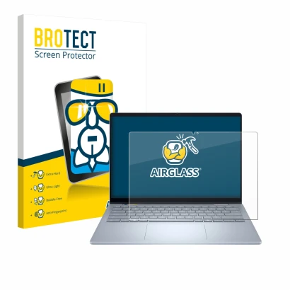 Face avant d’un emballage produit avec le logo de la marque BROTECT. À côté, l’appareil Dell 14 Plus 2-in-1 est représenté ave