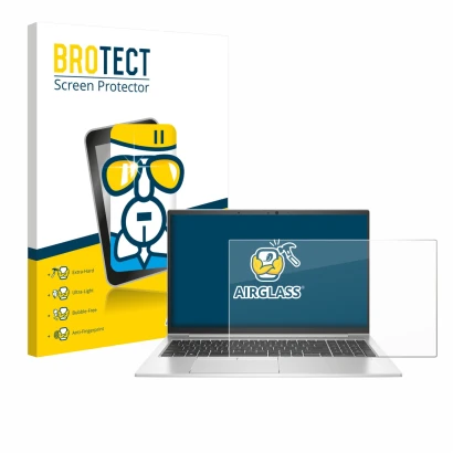 Face avant d’un emballage produit avec le logo de la marque BROTECT. À côté, l’appareil HP EliteBook 855 G8 est représenté ave