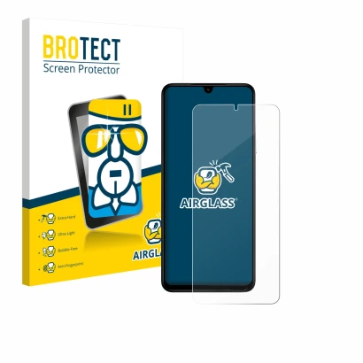 Face avant d’un emballage produit avec le logo de la marque BROTECT. À côté, l’appareil Xiaomi Poco C71 est représenté avec la