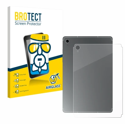 Face avant d’un emballage produit avec le logo de la marque BROTECT. À côté, l’appareil Samsung Galaxy Tab S10 FE (Arrière) es