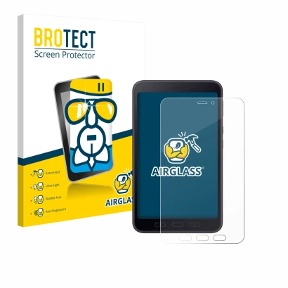 Face avant d’un emballage produit avec le logo de la marque BROTECT. À côté, l’appareil Samsung galaxy Tab Active 5 5G Enterpr