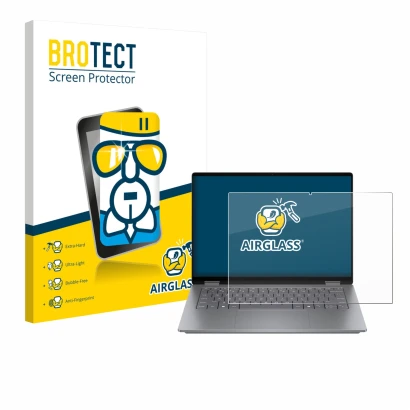 Face avant d’un emballage produit avec le logo de la marque BROTECT. À côté, l’appareil HP OmniBook X Flip 14 est représenté a