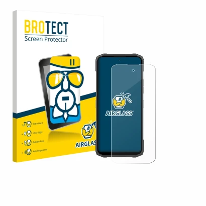 Face avant d’un emballage produit avec le logo de la marque BROTECT. À côté, l’appareil Doogee Blade 20 Turbo est représenté a