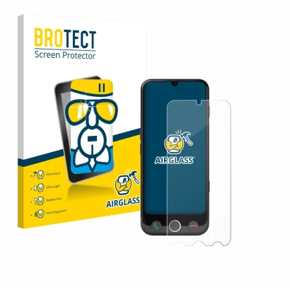 Face avant d’un emballage produit avec le logo de la marque BROTECT. À côté, l’appareil Doro Aurora A30 est représenté avec la