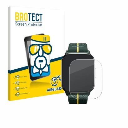 Face avant d’un emballage produit avec le logo de la marque BROTECT. À côté, l’appareil Motorola Moto watch fit est représenté