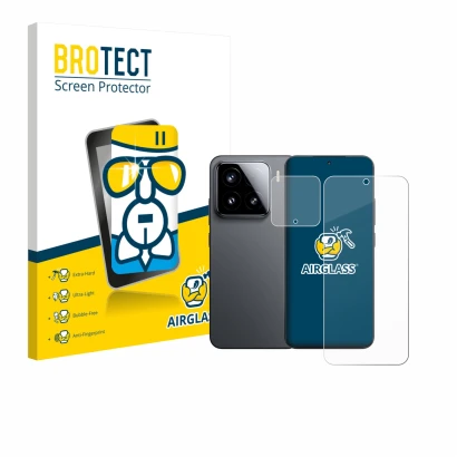 Face avant d’un emballage produit avec le logo de la marque BROTECT. À côté, l’appareil Xiaomi 15 (Avant+Caméra) est représent