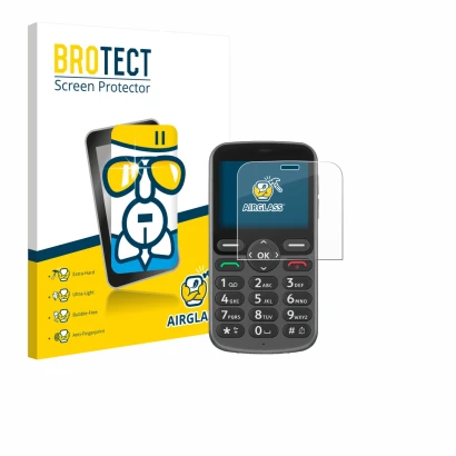 Face avant d’un emballage produit avec le logo de la marque BROTECT. À côté, l’appareil Doro 1380 est représenté avec la prote
