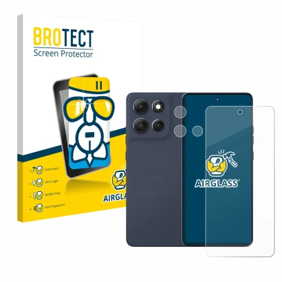 Face avant d’un emballage produit avec le logo de la marque BROTECT. À côté, l’appareil Motorola Moto G86 Power (Avant+Caméra)