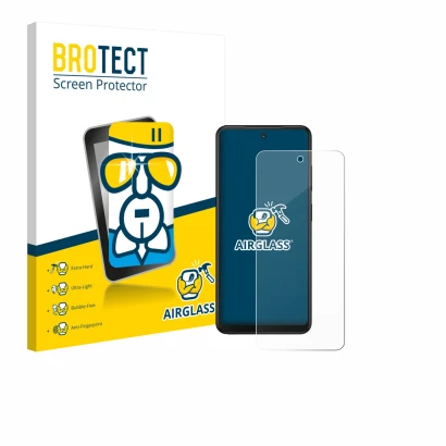 Face avant d’un emballage produit avec le logo de la marque BROTECT. À côté, l’appareil Xplora HMD Fusion X1 est représenté av