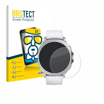 Face avant d’un emballage produit avec le logo de la marque BROTECT. À côté, l’appareil Samsung Galaxy Watch 8 Classic (46 mm)