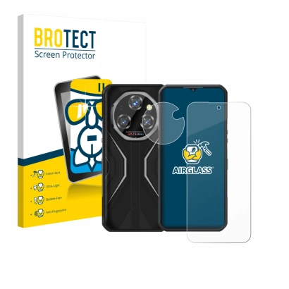 Face avant d’un emballage produit avec le logo de la marque BROTECT. À côté, l’appareil Oukitel WP55 Pro (Avant+Caméra) est re