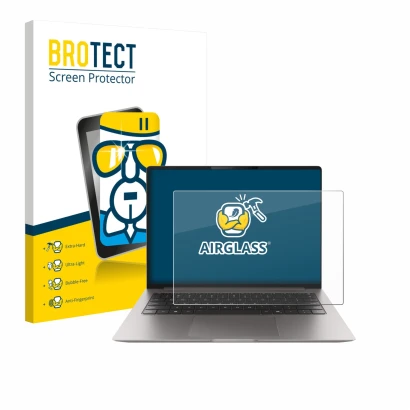 Face avant d’un emballage produit avec le logo de la marque BROTECT. À côté, l’appareil Honor MagicBook Pro 14 est représenté 