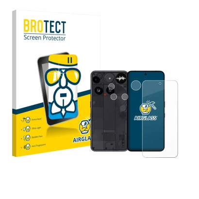 Face avant d’un emballage produit avec le logo de la marque BROTECT. À côté, l’appareil Nothing Phone (3) (Avant+Caméra) est r