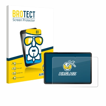 Face avant d’un emballage produit avec le logo de la marque BROTECT. À côté, l’appareil Doogee Tab A9 est représenté avec la p