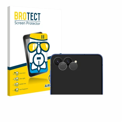 Face avant d’un emballage produit avec le logo de la marque BROTECT. À côté, l’appareil Samsung Galaxy Z Flip 7 (Caméra UNIQUE