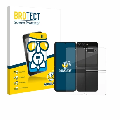 Face avant d’un emballage produit avec le logo de la marque BROTECT. À côté, l’appareil Samsung Galaxy Z Flip 7 FE (Avant+Arri