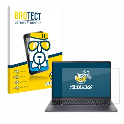 Face avant d’un emballage produit avec le logo de la marque BROTECT. À côté, l’appareil Acer Swift Go 14 OLED est représenté a