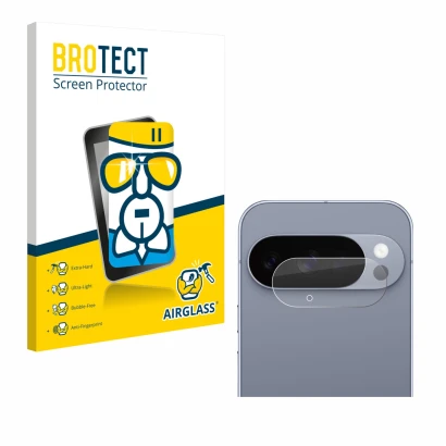 Face avant d’un emballage produit avec le logo de la marque BROTECT. À côté, l’appareil Google Pixel 10 Pro (Caméra UNIQUEMENT