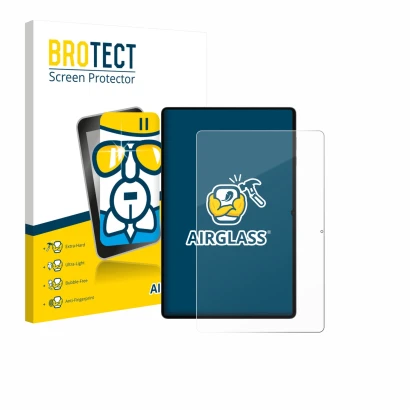 Face avant d’un emballage produit avec le logo de la marque BROTECT. À côté, l’appareil Samsung Galaxy Tab S11 Ultra (portrait