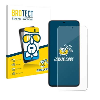 Face avant d’un emballage produit avec le logo de la marque BROTECT. À côté, l’appareil Samsung Galaxy S25 FE est représenté a