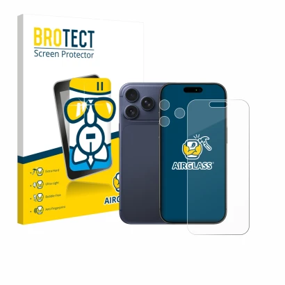 Face avant d’un emballage produit avec le logo de la marque BROTECT. À côté, l’appareil Apple iPhone 17 Pro Max (Avant+Caméra)