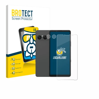 Face avant d’un emballage produit avec le logo de la marque BROTECT. À côté, l’appareil Sony Xperia 10 VII (Avant+Caméra) est 