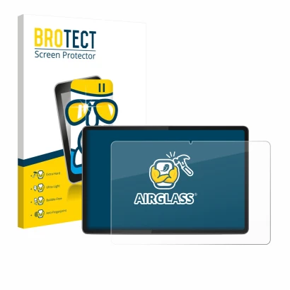 Face avant d’un emballage produit avec le logo de la marque BROTECT. À côté, l’appareil Lenovo Yoga Tab 11.1" 2025 est représe