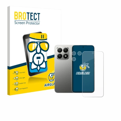 Face avant d’un emballage produit avec le logo de la marque BROTECT. À côté, l’appareil Xiaomi 15T (Avant+Caméra) est représen