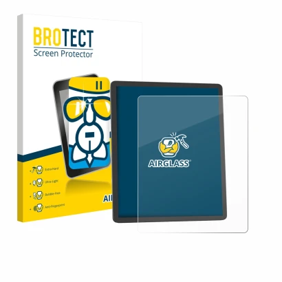 Face avant d’un emballage produit avec le logo de la marque BROTECT. À côté, l’appareil Amazon Kindle Scribe 2025 est représen