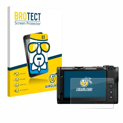 Face avant d’un emballage produit avec le logo de la marque BROTECT. À côté, l’appareil Nikon ZR est représenté avec la protec
