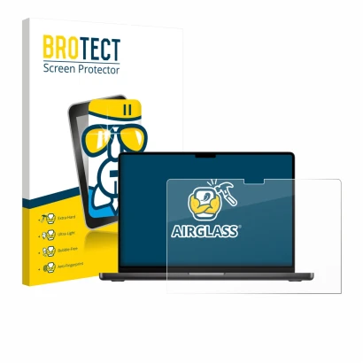 Face avant d’un emballage produit avec le logo de la marque BROTECT. À côté, l’appareil Apple MacBook Pro 14" M5 2025 est repr