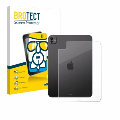 Face avant d’un emballage produit avec le logo de la marque BROTECT. À côté, l’appareil Apple iPad Pro 11" 2025 (Arrière) est 