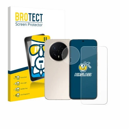 Face avant d’un emballage produit avec le logo de la marque BROTECT. À côté, l’appareil Honor Magic 8 (Avant+Caméra) est repré